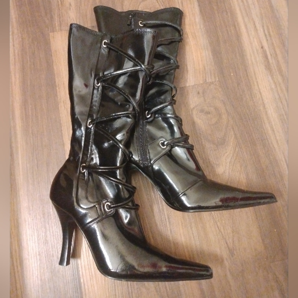 Mixit Black Bondage Style Stiletto Heeled Boots Zippered Calf-High In Size 7 1/2